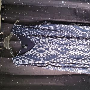 Catherine's 3X Maxi Dark blue sleeveless tank dress with sheer overlay split.